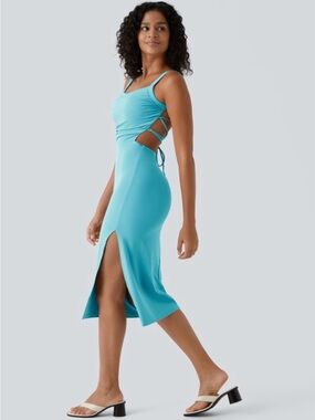 Ruched Lace Up Bodycon Midi Casual Dress NWT Size Small